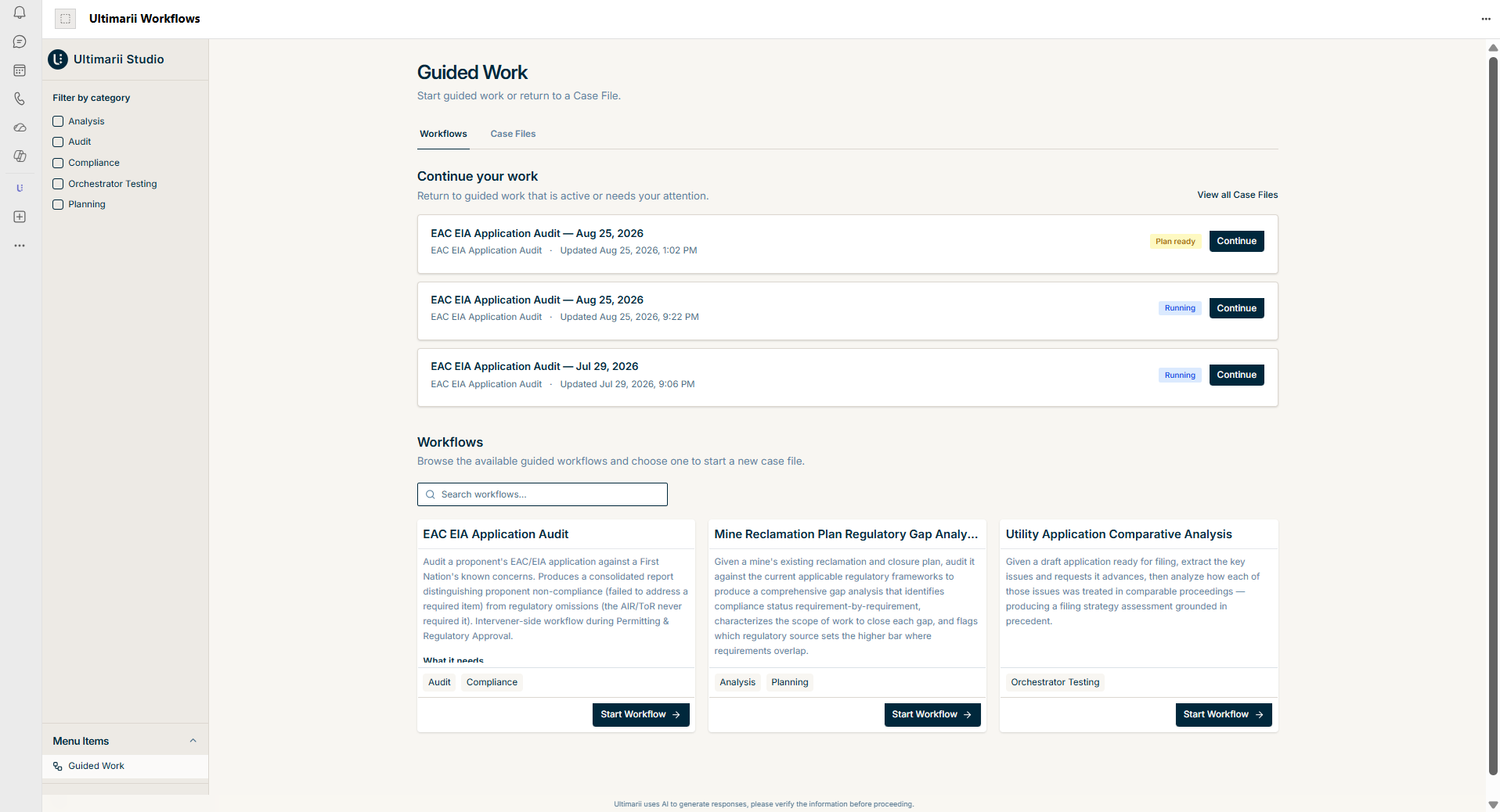 The Ultimarii Studio Guided Work screen, showing the Workflows and Case Files tabs, a Continue your work list, and available workflow cards.