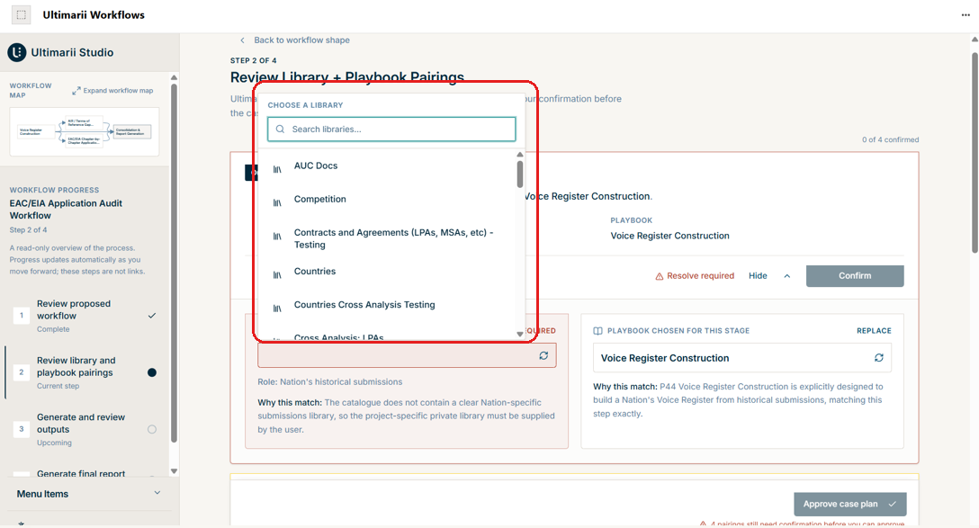 Library selection for a research stage, with a libraries drop-down and a Search libraries field.