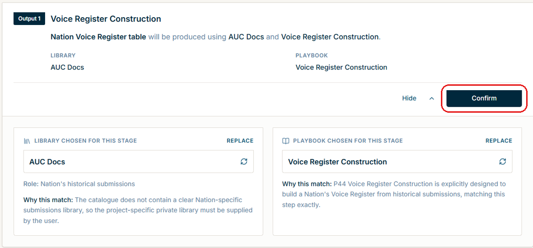A research stage with a library and playbook selected and the Confirm button enabled.