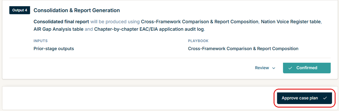 All stages confirmed, with the Approve case plan button enabled.