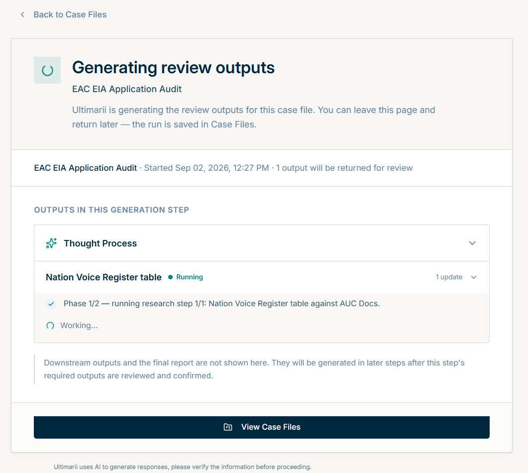 The Research stage screen, generating review outputs for each selected library.