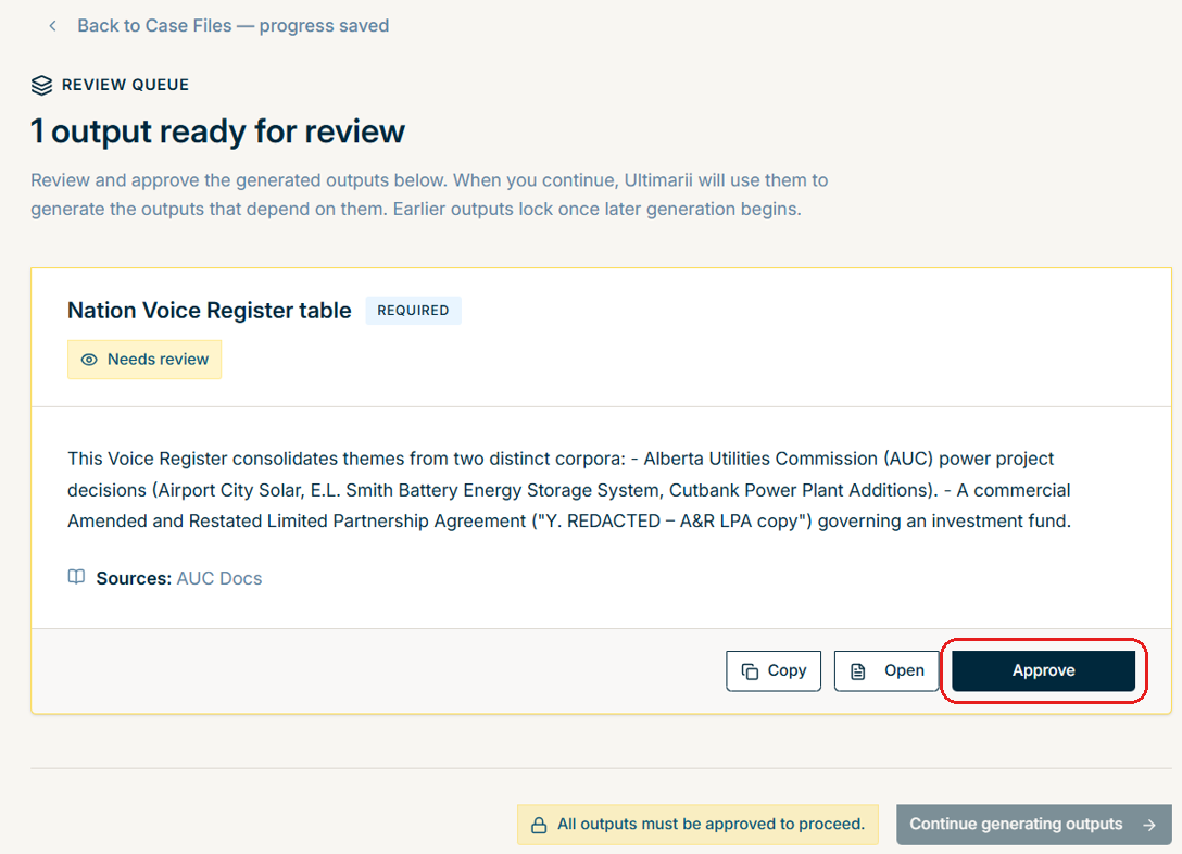Intermediary research outputs with Approve, Open, and Copy actions.