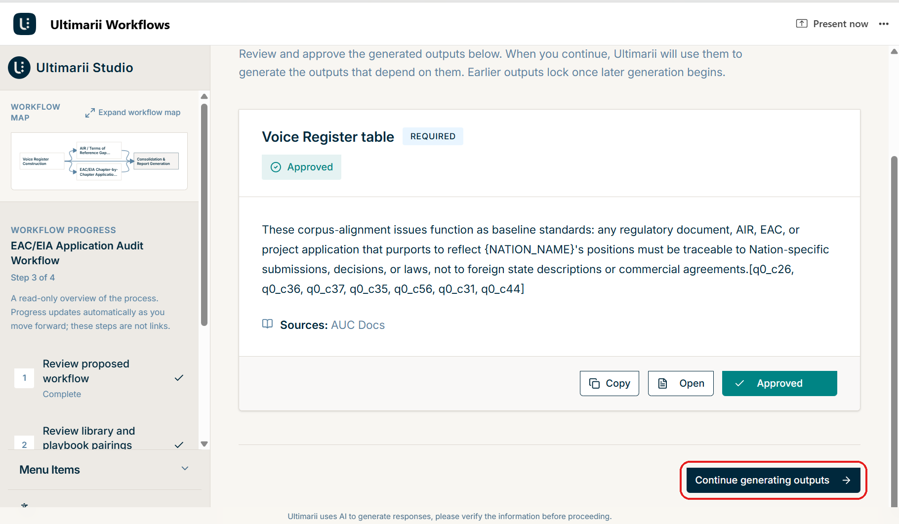 All outputs approved, with the Continue generating outputs button enabled.