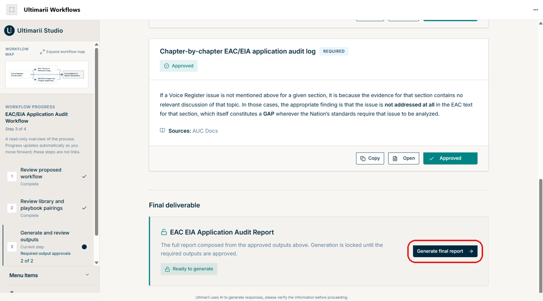 Intermediate research steps, each with an Approve button, and the Generate final report button.