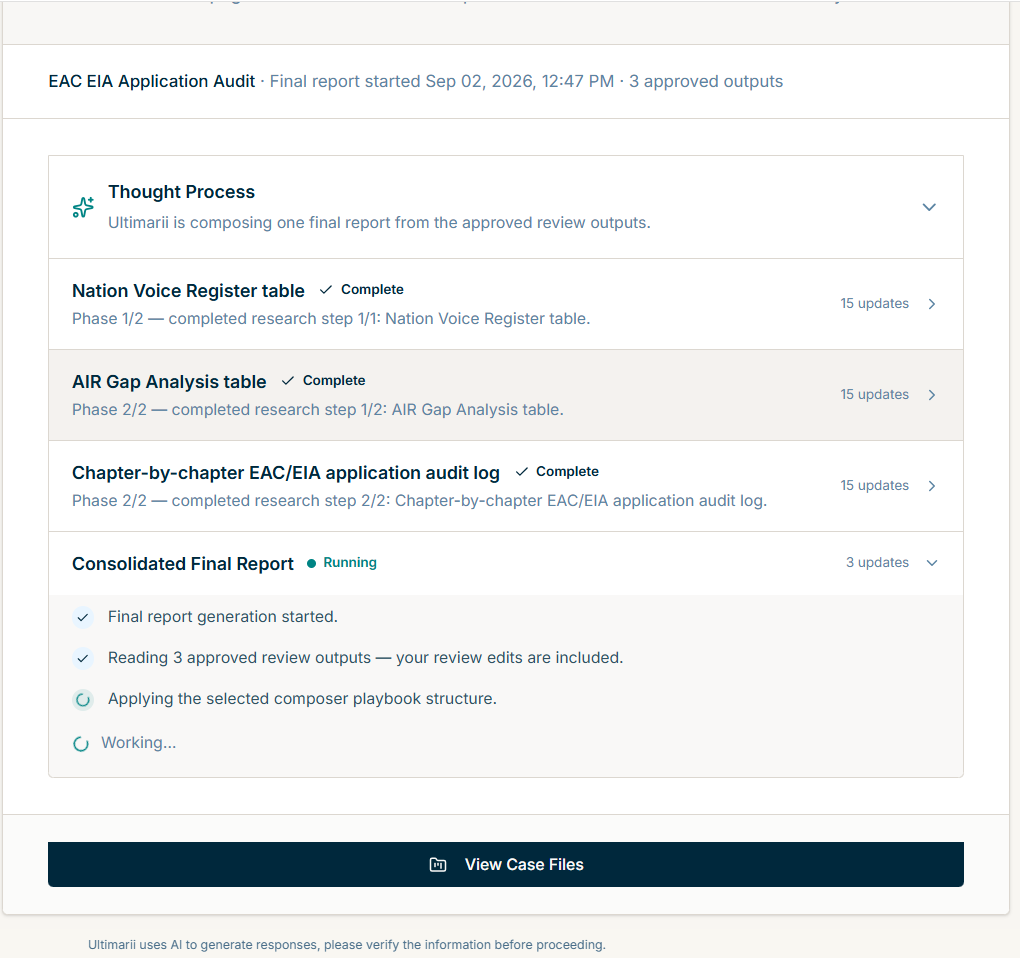 A progress screen showing the consolidated final report being generated.