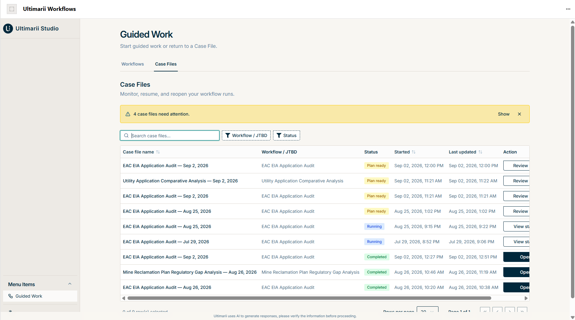The Case Files tab listing workflow runs, with those needing attention flagged at the top.